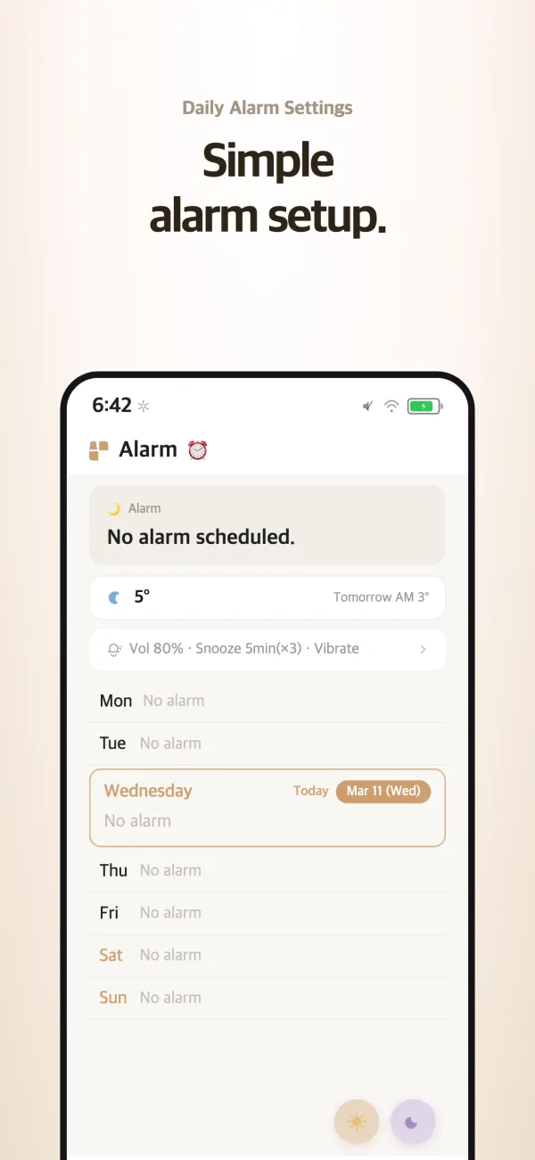 Alarm screen — an alarm for each day of the week and the time until the next one