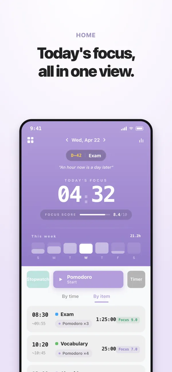 Home screen — today’s focus time and timeline