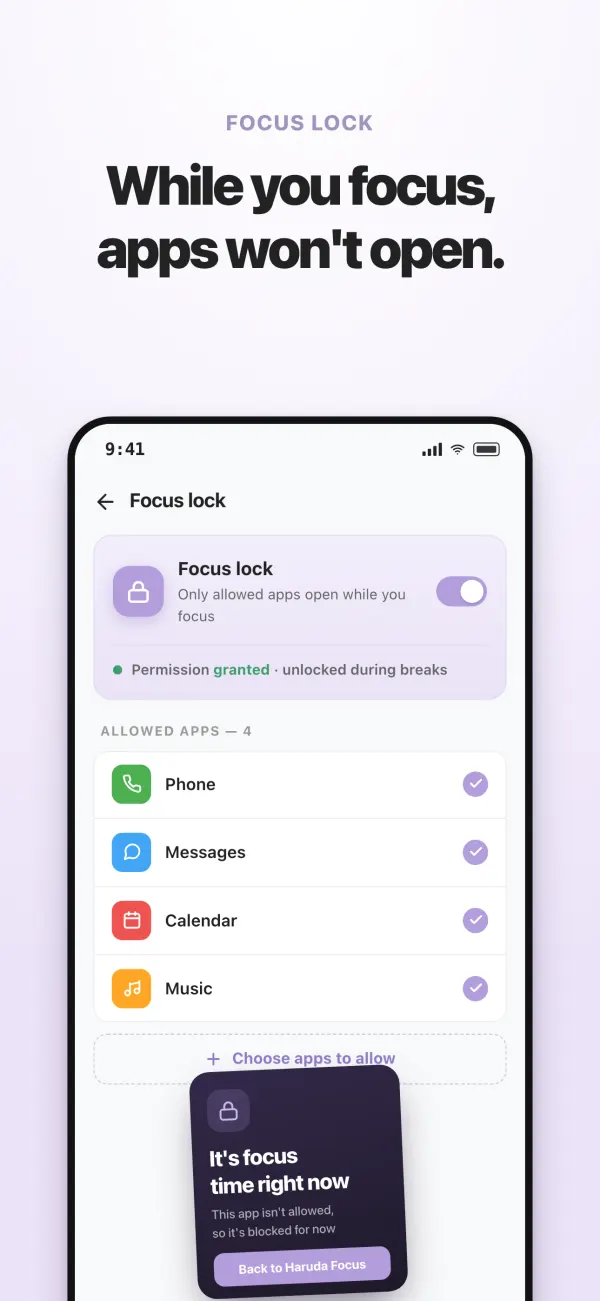 Focus Lock — choosing which apps to allow while you focus