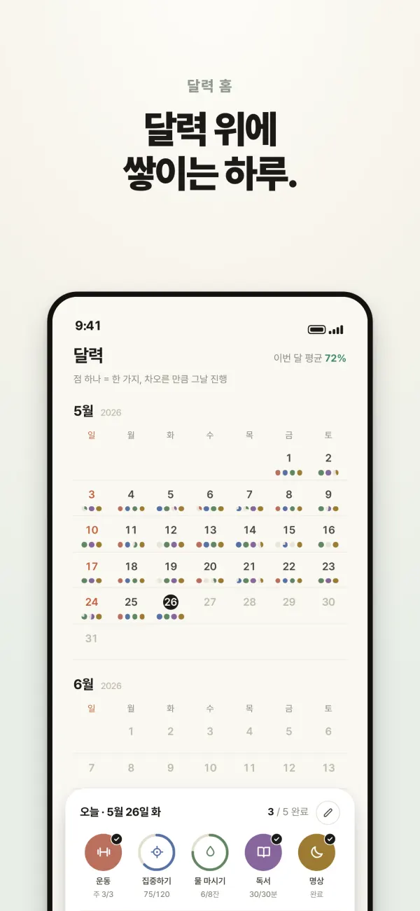 달력 화면 — 날짜마다 습관의 점이 차오른 한 달